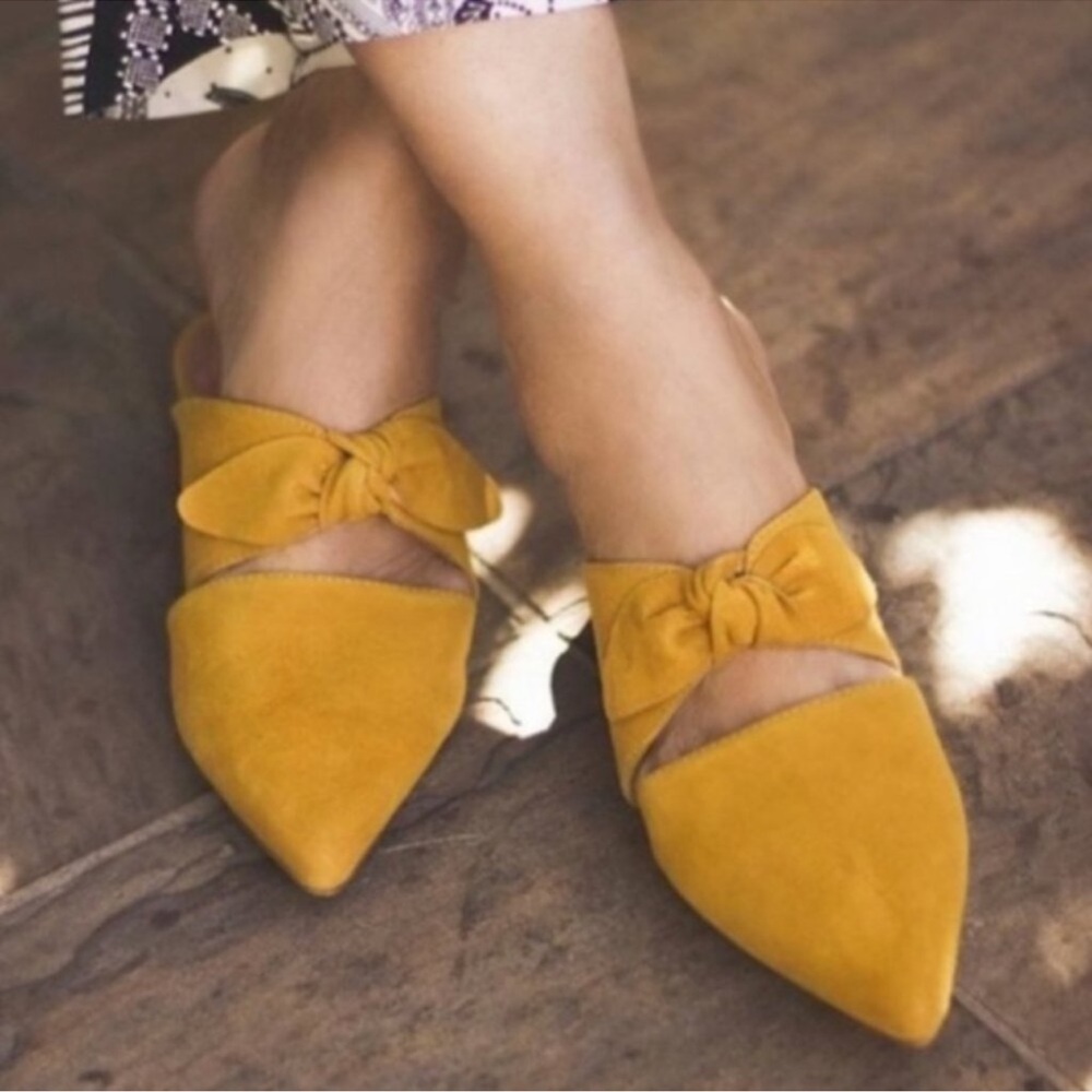 Jeffrey Campbell Genuine Leather Suede Gold Charlin Slide Slip On Bow Flats